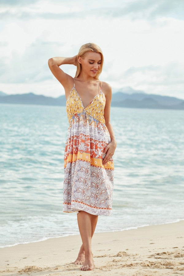 Paisley Print V-neck Halter Drawstring Beach Dress